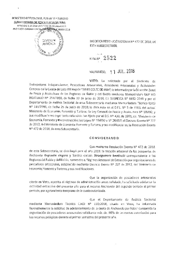 Res. Ex. N° 2522-2018 Modifica Res. Ex. N° 472-2018 Distribución de la fracción artesanal de pesquería de anchoveta y sardina común. (Publicado en Página Web 11-07-2018)