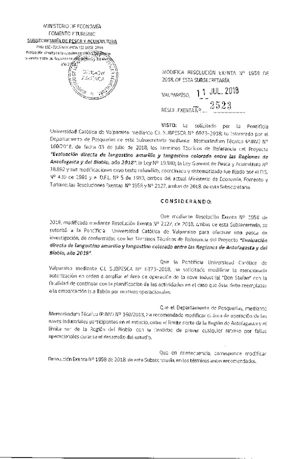 Res. Ex. N° 2523-2018 Modifica Res. Ex. N° 1958-2018 Evaluación directa de langostino amarillo y langostino colorado, entre las Regiones de Antofagasta y del Biobío.