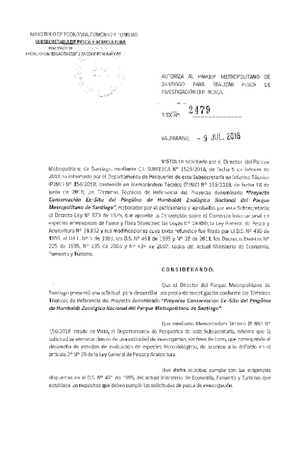 Res. Ex. N° 2479-2018 Proyecto conservación Ex-Situ del Pingüino de Humboldt.
