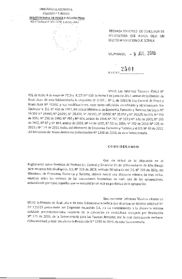 Res. Ex. N° 2501-2018 Rechaza solicitud de concesión de acuicultura que indica.