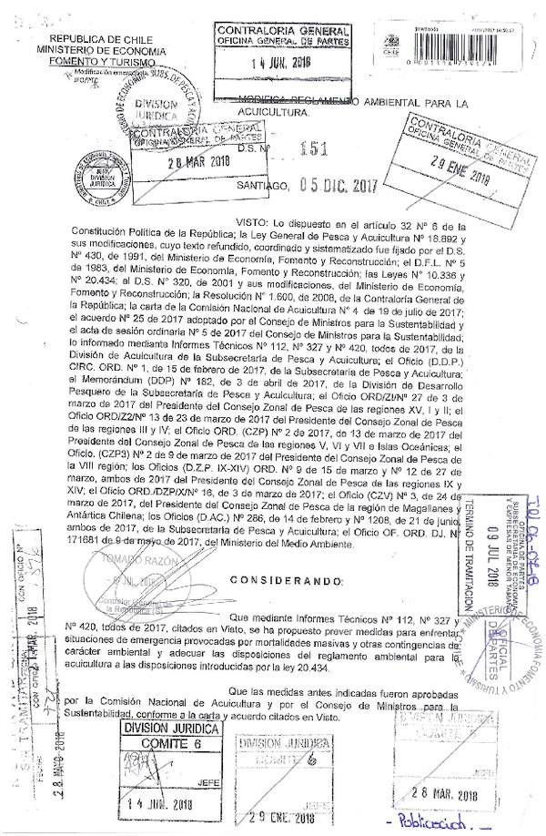 D.S. N° 151-2017, Modifica Reglamento Ambiental para la Acuicultura. (Publicado en Página Web 13-07-2018) (F.D.O. 13-07-2018)