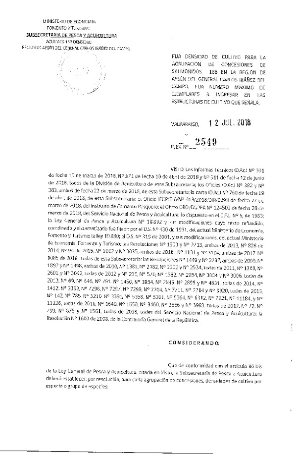 Res. Ex. N° 2549-2018 Fija Densidad de Cultivo para la Agrupación de Concesiones de Salmónidos 18B, Región de Aysén del General Carlos Ibañez del Campo (Con Informe Técnico) (Publicado en Página Web 18-07-2018) (F.D.O. 21-07-2018)