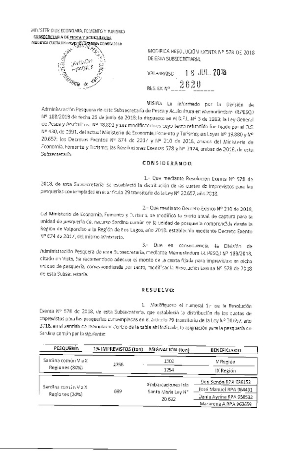 Res. Ex. N° 2620-2018 Modifica Res. Ex. N° 578-2018 Establece distribución de cuotas de imprevistos ara pesquerías del Artículo 29 transitorio Ley 20.657, año 2018. (Publicado en Página Web 18-07-2018) (F.D.O. 25-07-2018)