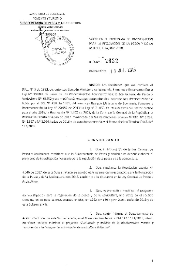 Res. Ex. N° 2622-2018 Modifica Res. Ex. N° 4346-2017 Aprueba Programa de Investigación para la Regulación de la Pesca y Acuicultura, Año 2018. (Publicado en Página Web 19-07-2018)