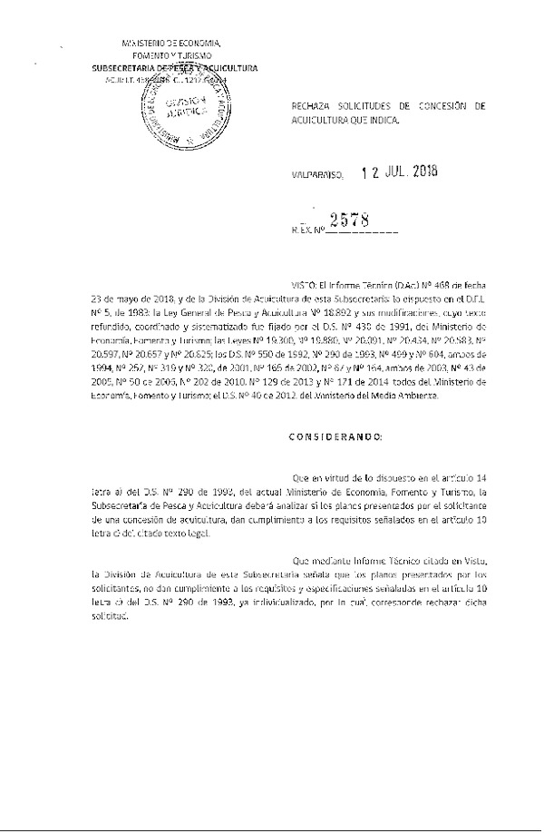 Res. Ex. N° 2578-2018 Rechaza solicitudes de concesión de acuicultura que indica.