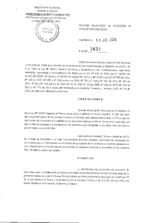 Res. Ex. N° 2638-2018 Rechaza solicitudes de concesión de acuicultura que indica.