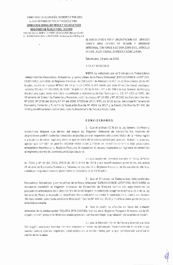 Res. Ex. N° 55-2018 (DZP VIII) Autoriza Cesión Merluza común, Regiones de Ñuble y del Biobío.