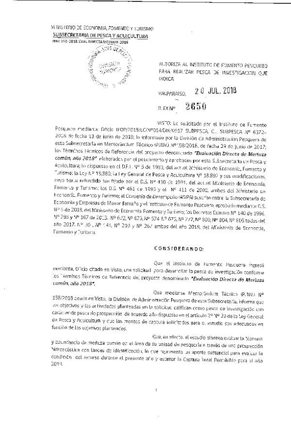 Res. Ex. N° 2650-2018 Evaluación directa de Merluza común, año 2018.