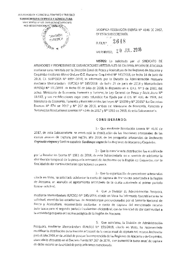 Res. Ex. N° 2648-2018 Modifica Res. Ex. N° 4146-2017 Establece Distribución de las Fracciones Artesanales de Anchoveta y Sardina Española III-IV Regiones, por Región, Año 2018. (Publicado en Página Web 20-07-2018) (F.D.O. 27-07-2018)