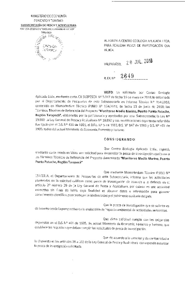 Res. Ex. N° 2649-2018 Monitoreo medio marino, Puerto Punta Patache, Región de Tarapacá.