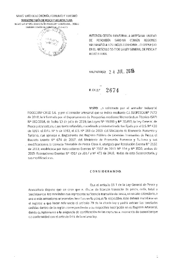Res. Ex. N° 2674-2018 Autoriza Cesión Sardina común, Regiones de Valparaíso a Los Lagos.