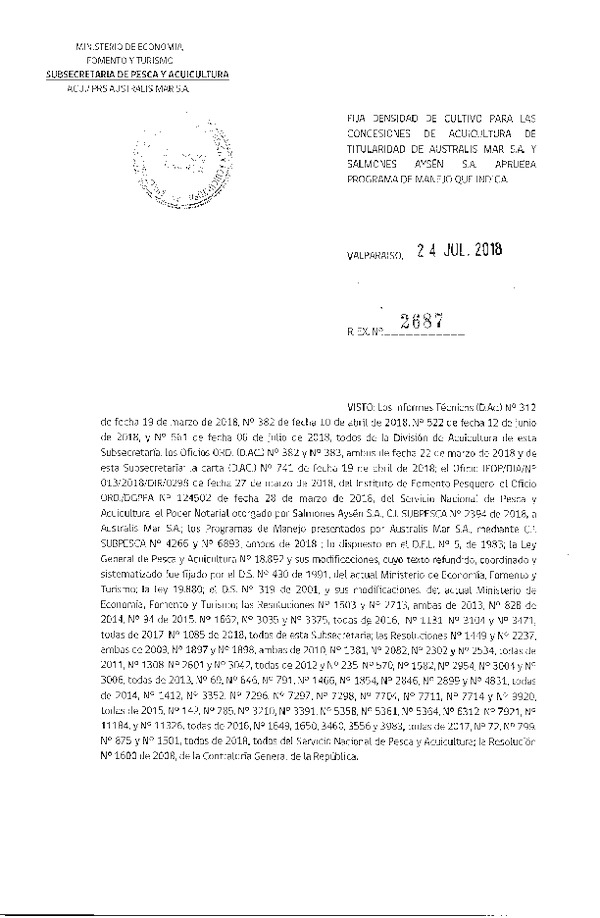 Res. Ex. N° 2687-2018 Fija Densidad de Cultivo para las Concesiones de Acuicultura que Indica. (Con Informe Técnico) (Publicado en Página Web 25-07-2018)