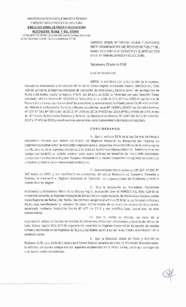 Res. Ex. N° 56-2018 (DZP VIII) Autoriza Cesión Anchoveta y Sardina común.