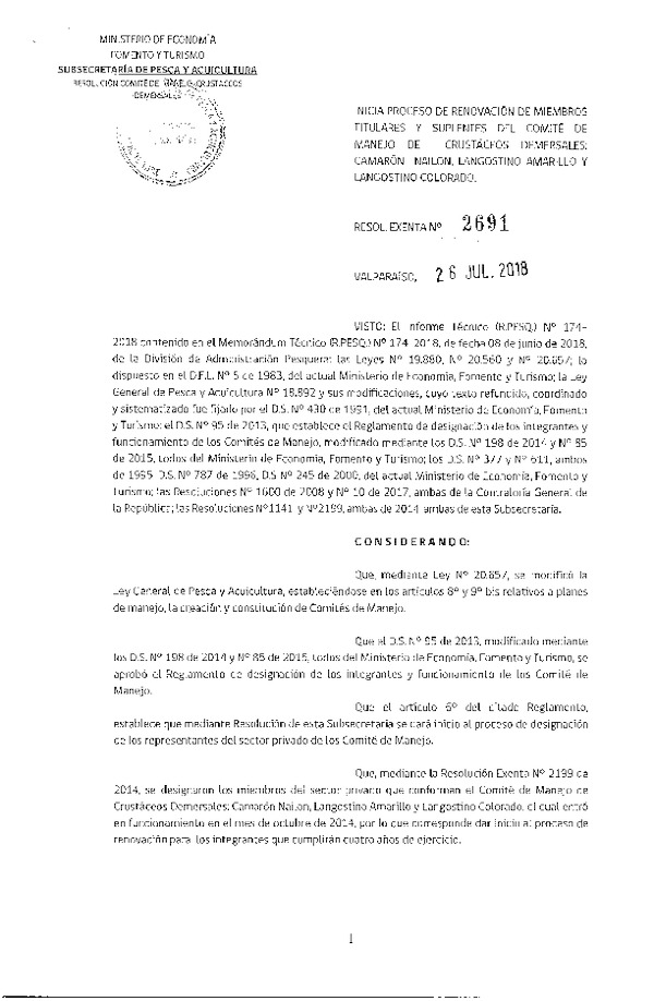 Res. Ex. N° 2691-2018 Inicia Proceso de Renovación de Miembros Comité de Manejo de Crustáceos Demersales, Camarón Nailon, Langostino Amarillo y Langostino Colorado. (Con Informe Técnico) (Publicado en Página Web 27-07-2018)