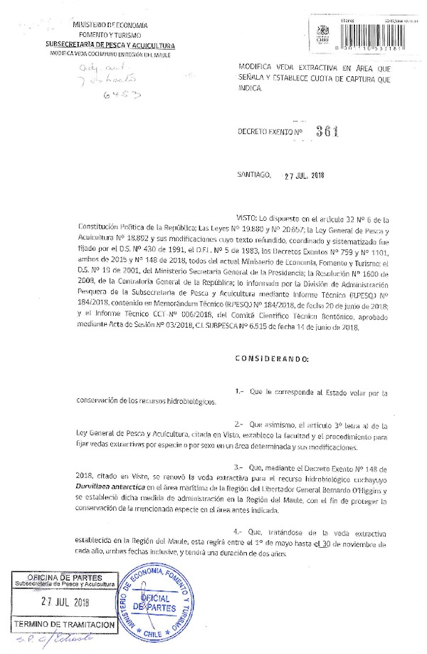 Dec. Ex. N° 361-2018 Modifica Dec. Ex. N° 148-2018 Veda Extractiva y Establece Cuota de Captura para el Recurso Cochayuyo, Región del Maule. (Publicado en Página Web 30-07-2018)