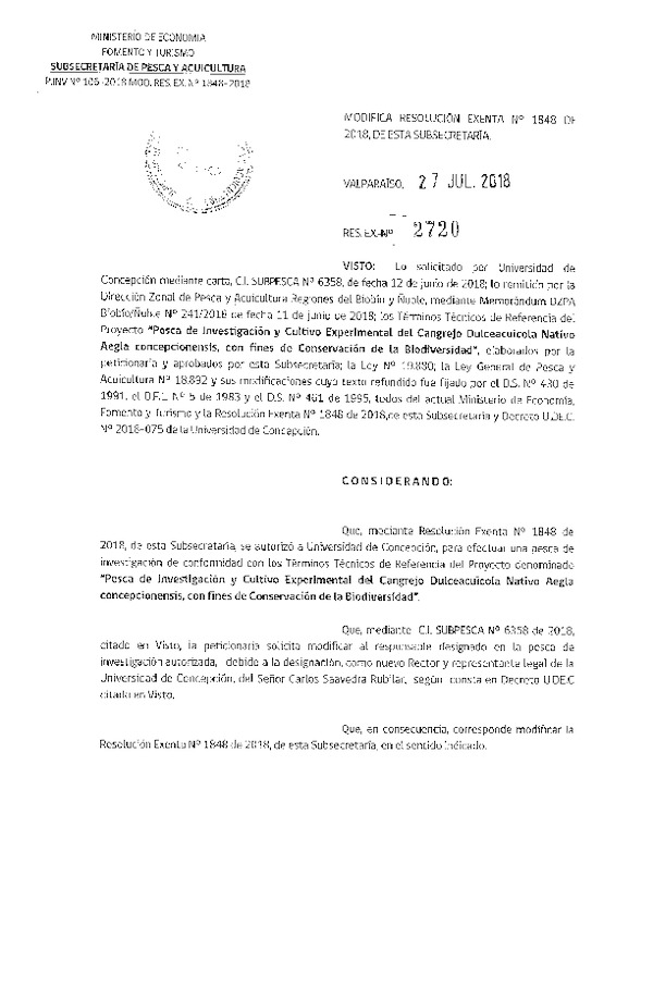 Res. Ex. N° 2720-2018 Modifica Res. Ex. N° 1848-20018 Pesca de investigación y cultivo experimental del Cangrejo Dulceacuícola Nativo Aegla.