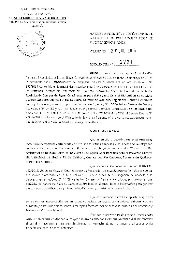 Res. Ex. N° 2721-2018 Caracterización ambiental biota acuática, Región del Biobío.