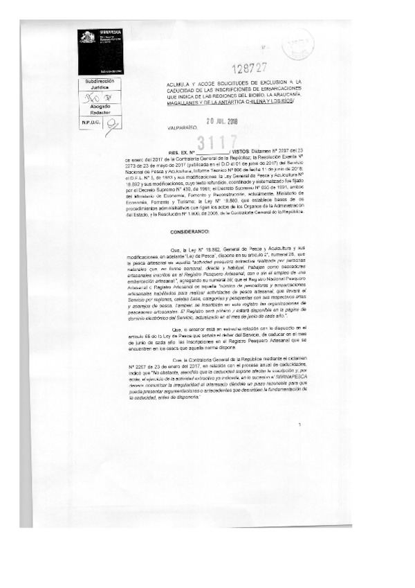 Res. Ex. N° 3117-2018 (Sernapesca) Acumula y Acoge Solicitudes de Exclusión a la Caducidad de las Inscripciones de Embarcaciones que Indica. (Publicado en Página Web 31-07-2018)