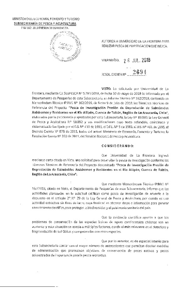 Res. Ex. N° 2694-2018 Pesca de investigación presión de depredación de Salmónidos.