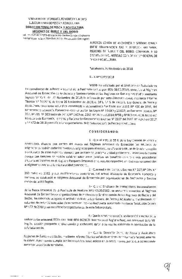 Res. Ex. N° 74-2018 (DZP VIII) Autoriza Cesión Anchoveta y Sardina común, Regiones de Ñuble y del Biobío.