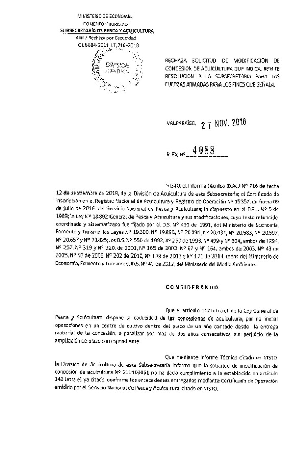 Res. Ex. N° 4088-2018 Rechaza solicitud modificación de concesión de acuicultura que indica.