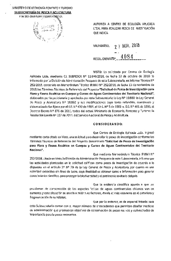 Res. Ex. N° 4084-2018 Flora y fauna acuática.