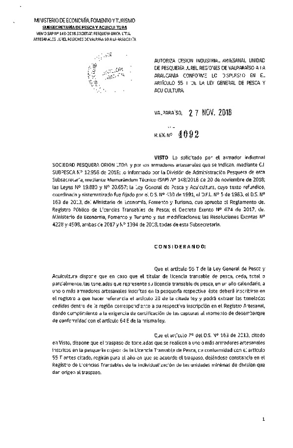 Res. Ex. N° 4092-2018 Autoriza cesión Jurel, Región de Biobío.