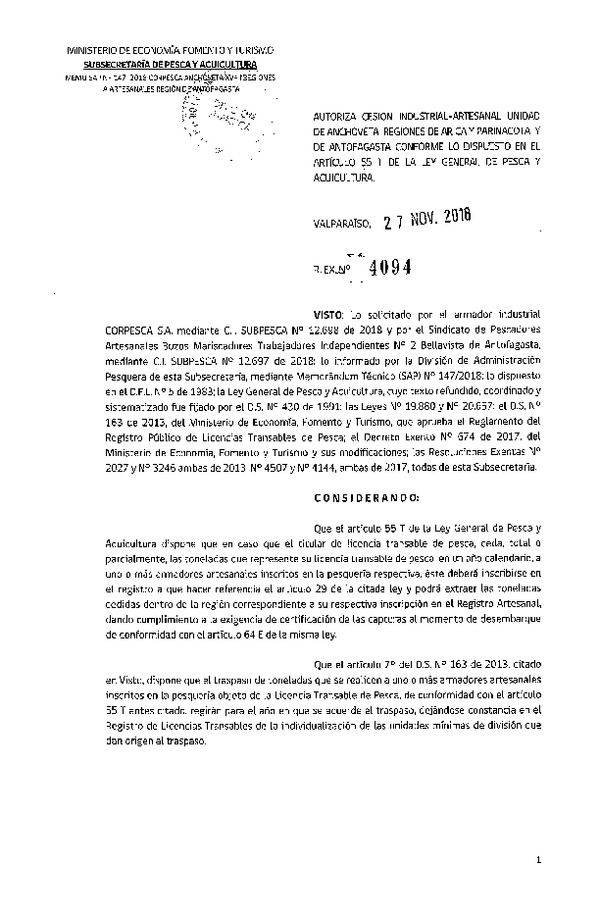 Res. Ex. N° 4094-2018 Autoriza cesión Anchoveta Región Arica y Parinacota y Región de Antofagasta.