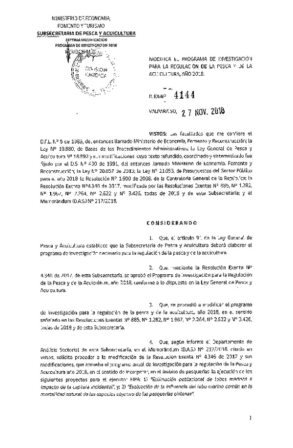 Res. Ex. N° 4144-2018 Modifica Res. Ex. N° 4346-2017 Aprueba Programa de Investigación para la Regulación de la Pesca y Acuicultura, Año 2018. (Publicado en Página Web 28-11-2018)