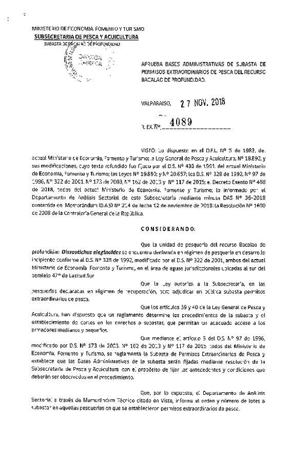 Res. Ex. N° 4089-2018 Aprueba bases administrativas de subasta de permisos extraordinarios de pesca del recurso Bacalao de profundidad.(Publicado en Página Web 30-11-2018)