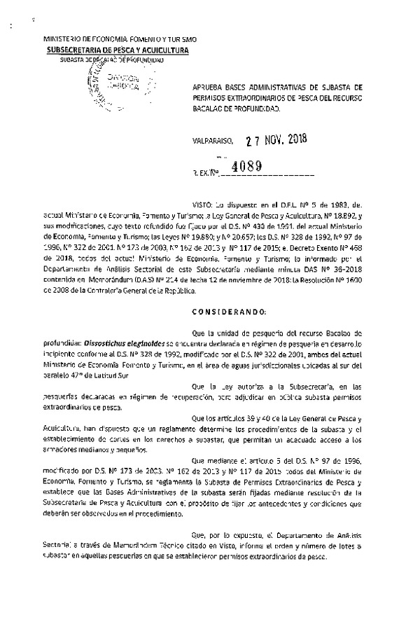 Res. Ex. N° 4089-2018 Aprueba bases administrativas de subasta de permisos extraordinarios de pesca del recurso Bacalao de profundidad.(Publicado en Página Web 30-11-2018)