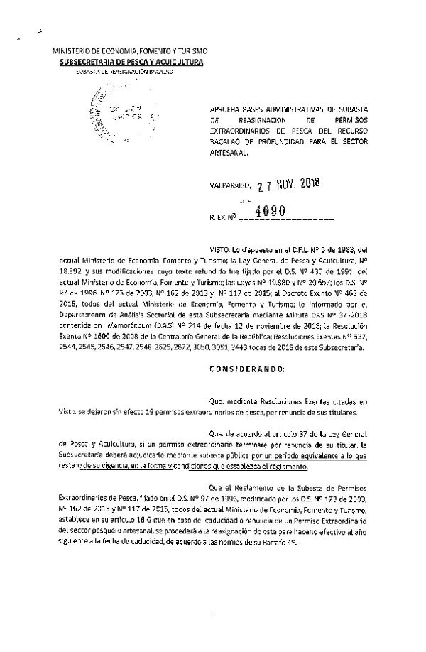 Res. Ex. N° 4090-2018 Aprueba bases administrativas de subasta de permisos extraordinarios de pesca del recurso Bacalao de profundidad para el sector artesanal. (Publicado en Página Web 28-11-2018)