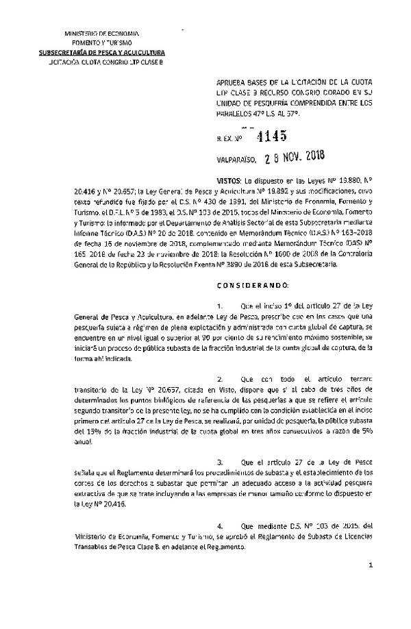 Res. Ex. N° 4145-2018 Aprueba bases de la licitación de la cuota LTP Clase B, recurso Congrio dorado Paralelos 47° L.S. al 57°. (Publicado en Página Web 29-11-2018)