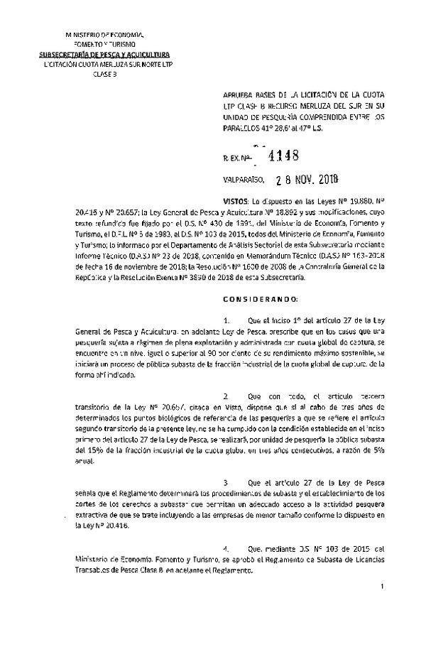 Res. Ex. N° 4148-2018 Aprueba bases de la licitación de la cuota LTP Clase B, recurso Merluza del sur Paralelos 41°28,6 al 47° L.S. (Publicado en Página Web 29-11-2018)