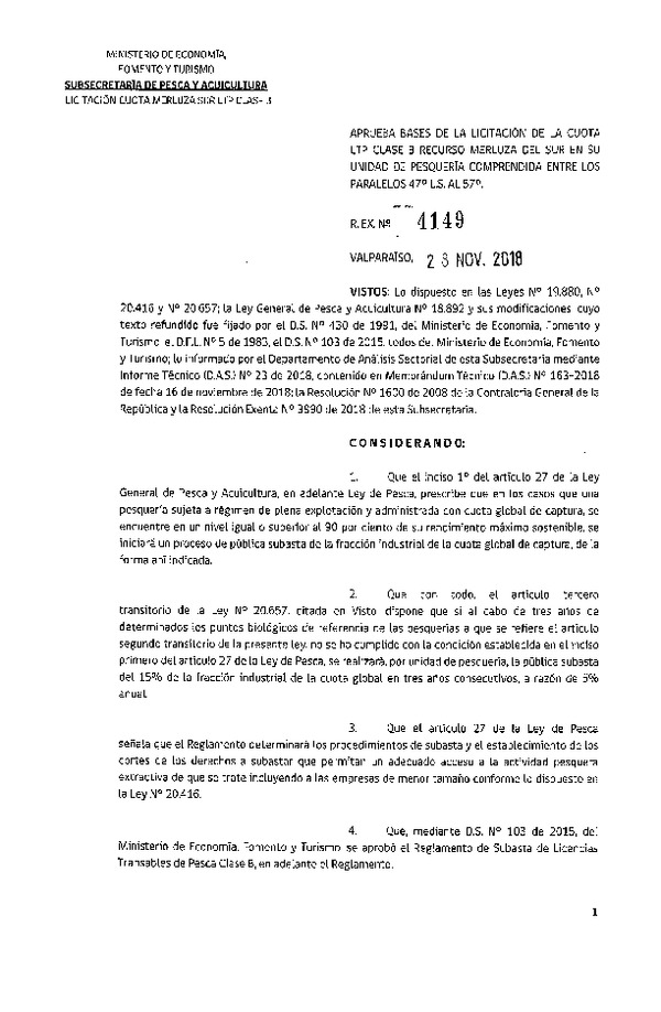 Res. Ex. N° 4149-2018 Aprueba bases de la licitación de la cuota LTP Clase B, recurso Merluza del sur Paralelos 47 al 57° (Publicado en Página Web 29-11-2018)