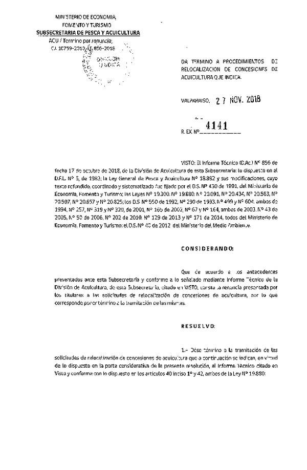 Res. Ex. N° 4141-2018 Da termino a procedimiento de relocalización de concesiones de acuicultura que indica.