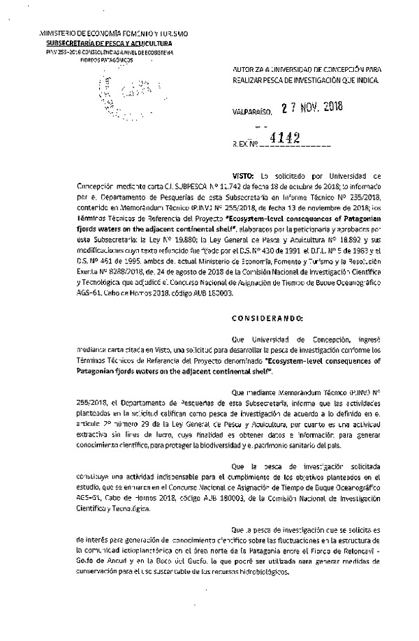 Res. Ex. N° 4142-2018 Consecuencias a nivel de ecosistema Fiordos Patagónicos.