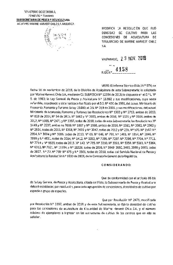 Res. Ex. N° 4158-2018 Modifica Res. Ex. N° 2471-2018 Fija Densidad de Cultivo para las Concesiones de Acuicultura que Indica. Aprueba Programa de Manejo que Señala(Con Informe Técnico) (Publicado en Página Web 30-11-2018)