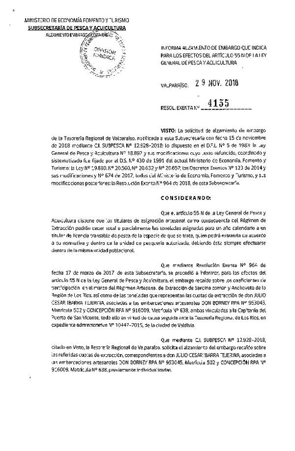 Res. Ex. N° 4155-2018 Informa alzamiento de embargo que indica para los efectos del Artículo 55 N de la LGPA. (Publicado en Página Web 30-11-2018)