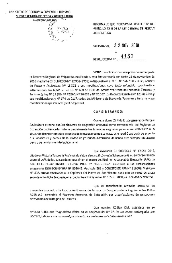 Res. Ex. N° 4157-2018 Informa alzamiento de embargo que indica para los efectos del Artículo 55 N de la LGPA. (Publicado en Página Web 30-11-2018)