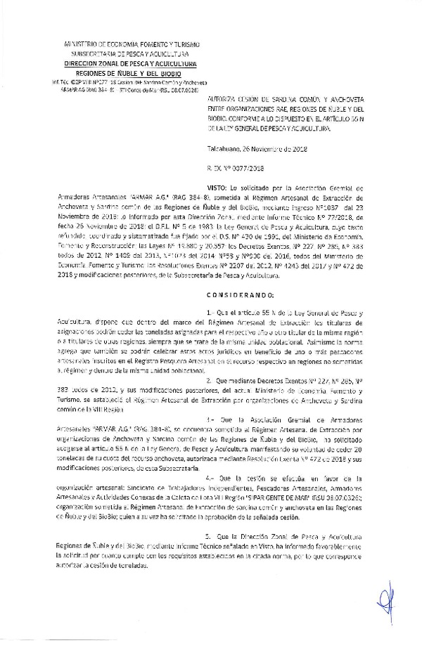 Res. Ex. N° 77-2018 (DZP VIII) Autoriza Cesión Anchoveta y Sardina común, Regiones de Ñuble y del Biobío.