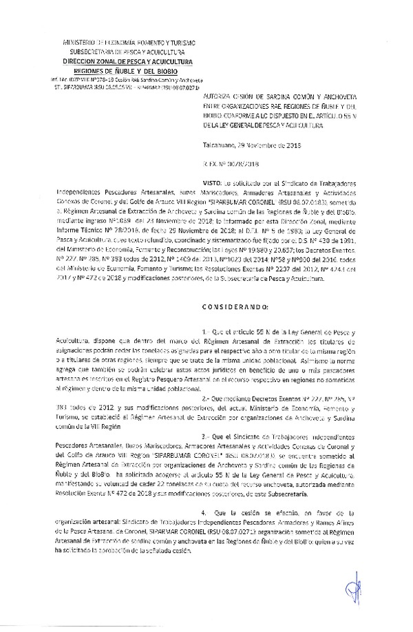 Res. Ex. N° 78-2018 (DZP VIII) Autoriza Cesión Anchoveta y Sardina común, Regiones de Ñuble y del Biobío.