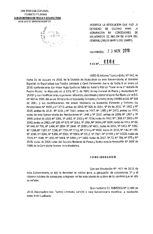 Res. Ex. N° 4164-2018 Modifica 	Res. Ex. N° 2472-2018 Fija Densidad de Cultivo para la Agrupación de Concesiones de Salmónidos 32 Región de Aysén (Con Informe Técnico) (Publicado en Página Web 30-11-2018) (F.D.O. 07-12-2018)