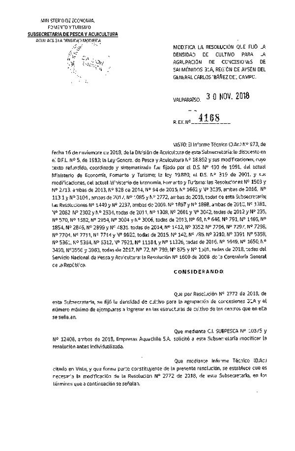 Res. Ex. N° 4168-2018 Modifica Res. Ex. N° 2772-2018 Fija Densidad de Cultivo para la Agrupación de Concesiones de Salmónidos 31A (Con Informe Técnico) (Publicado en Página Web 03-12-2018) (F.D.O. 07-12-2018)