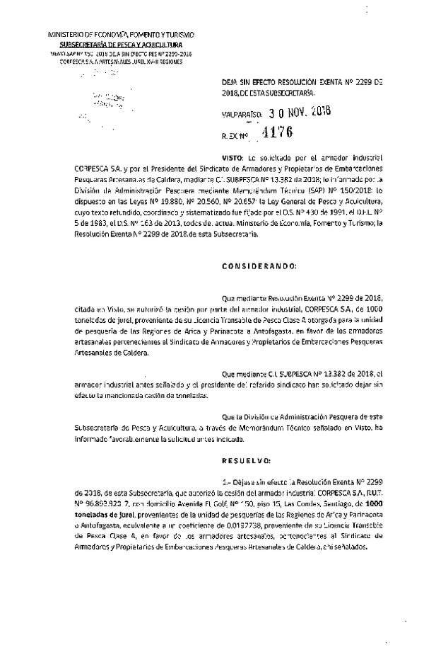 Res. Ex. N° 4176-2018 Deja sin efecto Res. Ex. N° 2299-2018 Autoriza cesión jurel Región de de Atacama.