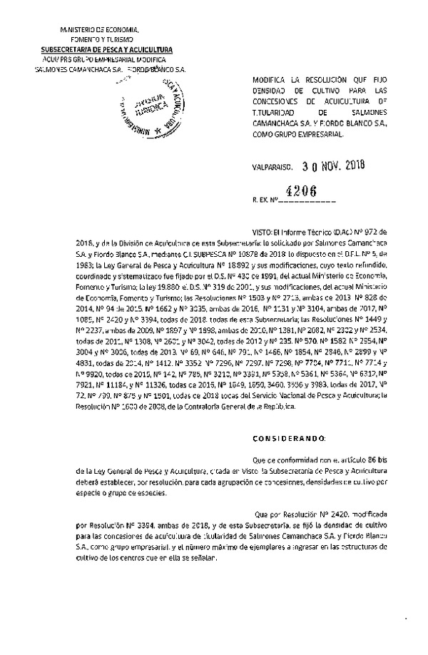 Res. Ex. N° 4206-2018 Modifica Res. Ex. N° 2420-2018 Fija Densidad de Cultivo para las Concesiones de Acuicultura que Indica. Aprueba Programa de Manejo que Señala(Con Informe Técnico) (Publicado en Página Web 04-12-2018)