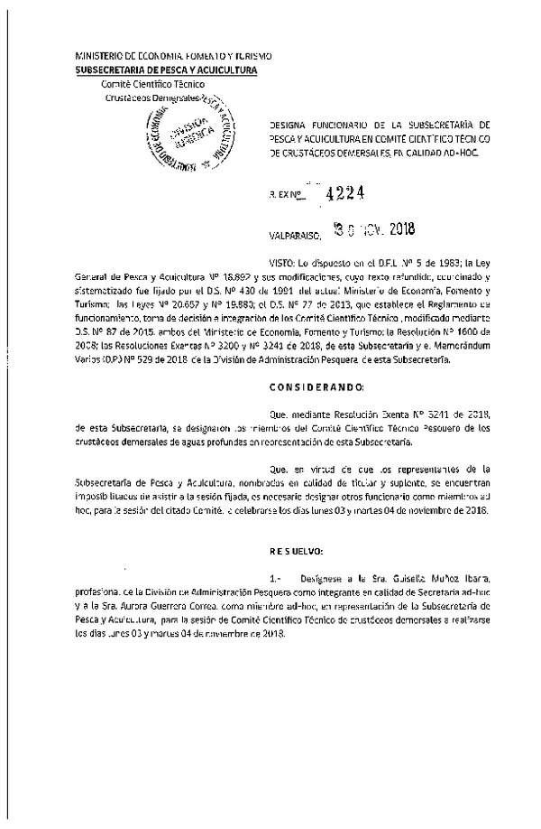 Res. Ex. N° 4224-2018 Designa Funcionario en Comité Científico Técnico de Crustáceos Demersales en Calidad Ad-Hoc. (Publicado en Página Web 04-12-2018)