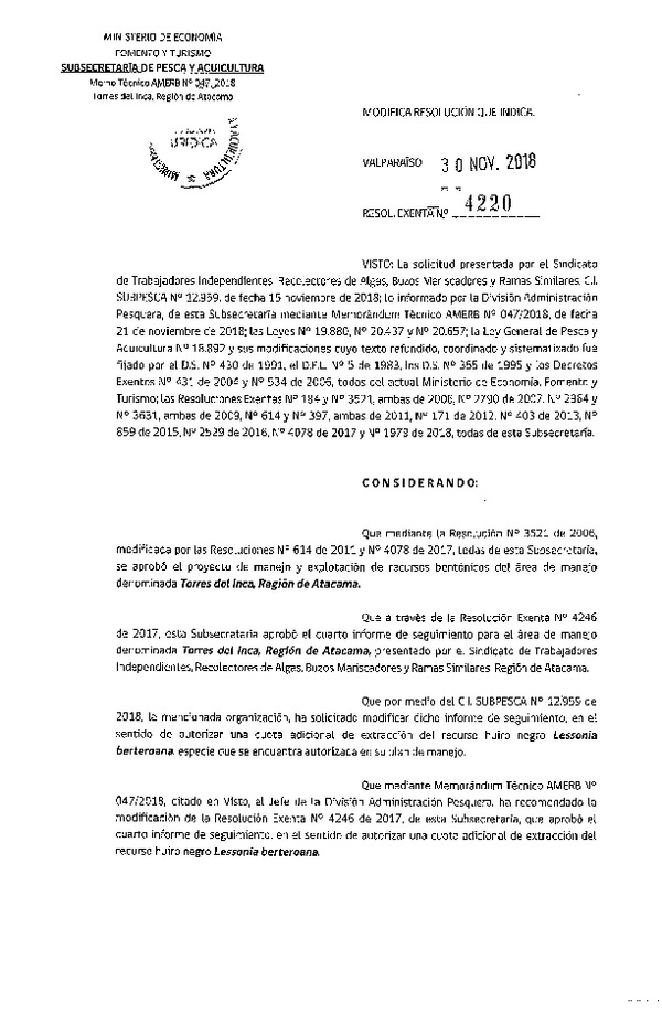 Res. Ex. N° 4220-2018 Modifica Res. Ex. N° 4078-2018.