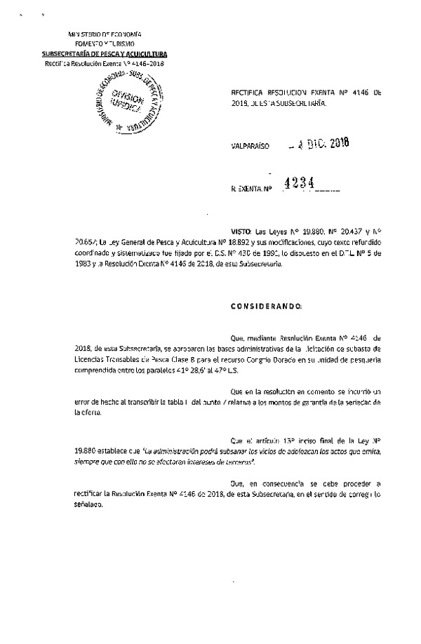 Res. Ex. N° 4234-2018 Rectifica Res. Ex. N° 4146-2018 Aprueba bases de la licitación de la cuota LTP Clase B, recurso Congrio dorado Paralelos 41° 28,6 al 47° L.S. (Publicado en Página Web 04-12-2018)