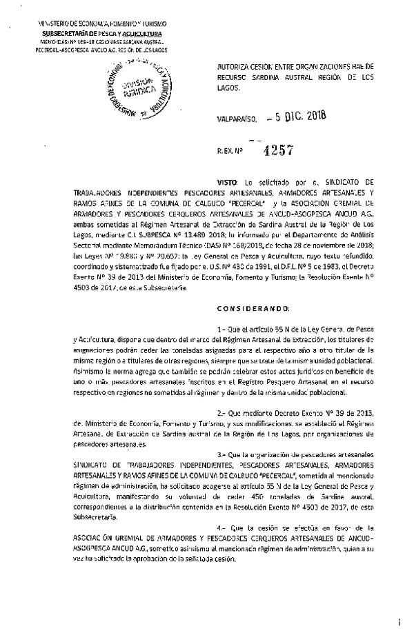 Res. Ex. N° 4257-2018 Autoriza cesión de Sardina austral, Región de Los Lagos.